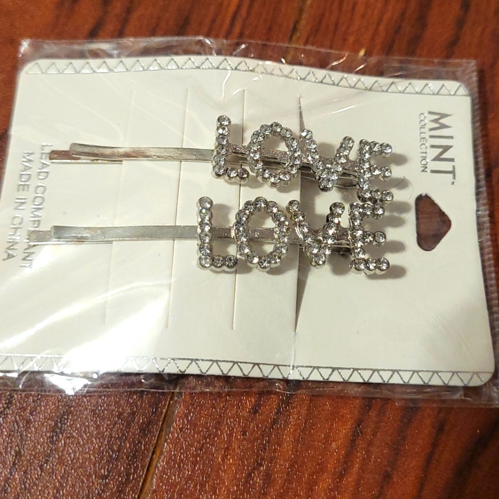 Two love bobby pins for hair - silver